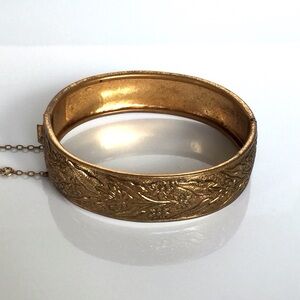 Vintage Victorian Revival Gold Hinged Floral Embossed Bracelet Rolled Edges